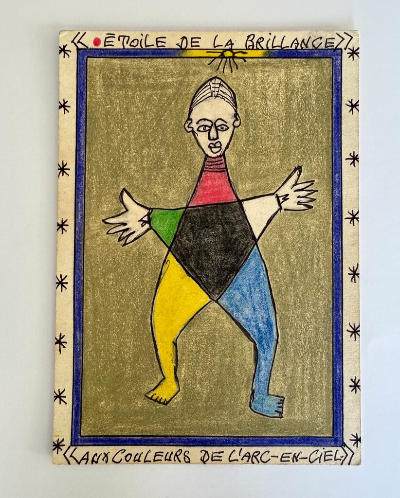 A colorful geometric figure stands within a framed card, surrounded by star motifs and text.