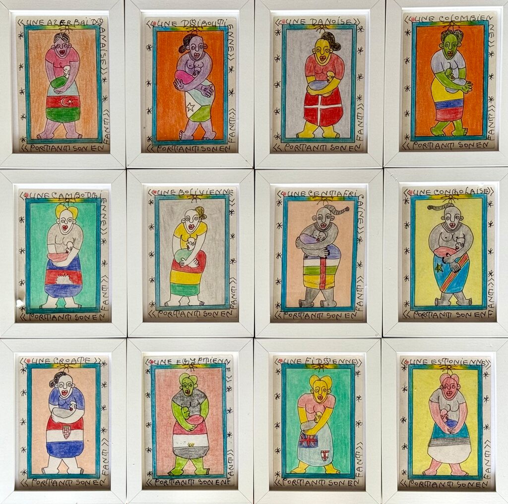 A grid of twelve framed drawings depicting stylized figures holding infants, each wearing a dress patterned with the colors of a different national flag.