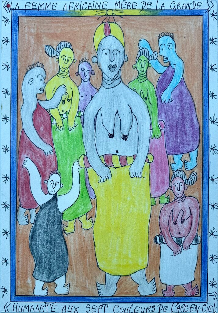 A colorful, stylized drawing of seven figures in a circle against a brown background.