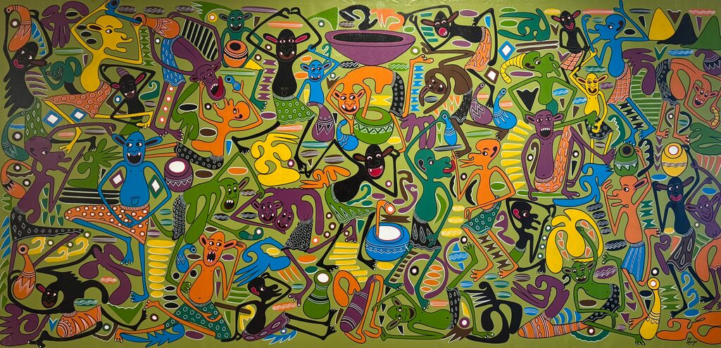 A vibrant, chaotic tapestry of colorful, stylized figures and objects in a dense, flat composition.