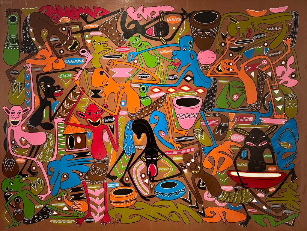 A chaotic, vibrant collage of stylized figures and objects in a dense, colorful composition.