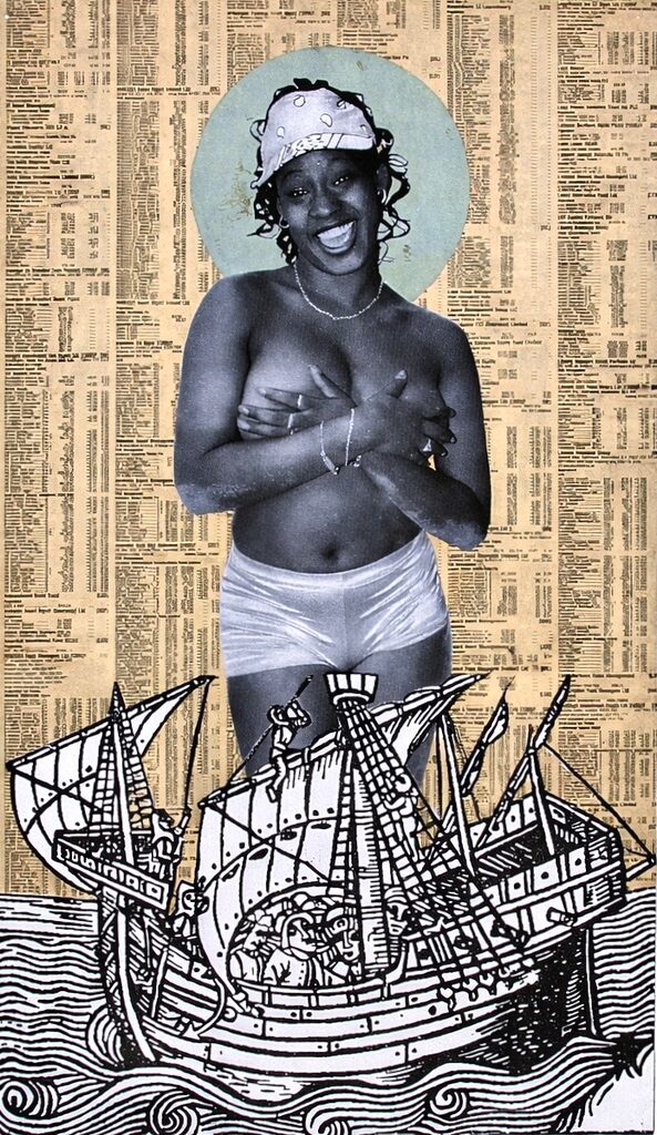 A black-and-white figure stands triumphantly above a detailed ship illustration, set against a background of dense text.