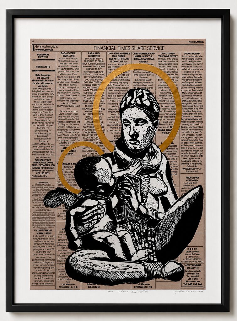 A black-and-white illustration of a couple embracing, set against a newspaper background with a golden halo.