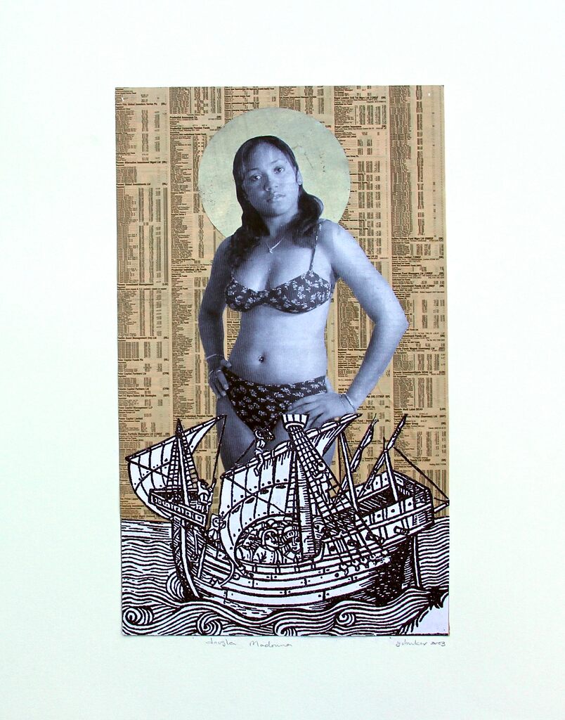 A surreal portrait of a figure in swimwear standing above a detailed ship, set against a background of dense text.