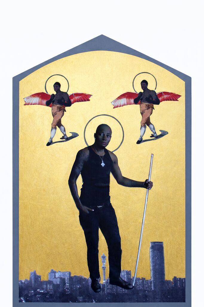 A surreal religious-style portrait featuring a central figure with wings and halos against a golden background.