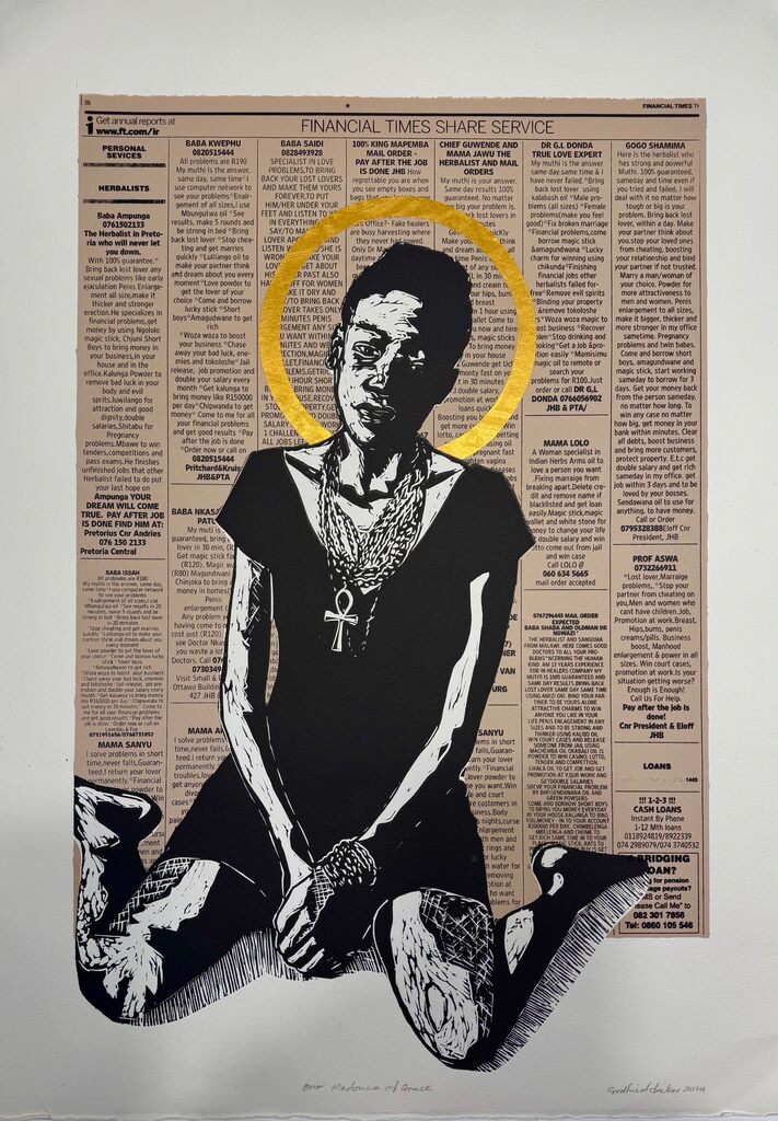A black-and-white cutout portrait of a man in a suit superimposed over a newspaper page, with a yellow ribbon tied around his neck.