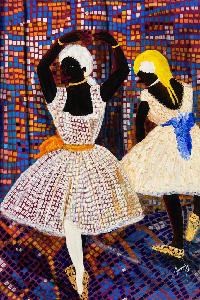 A vibrant mosaic-style painting of two figures in ballet attire against a colorful tiled backdrop.