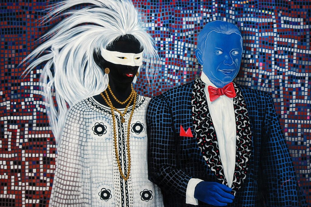 A vibrant portrait of two figures in formal attire against a mosaic background.
