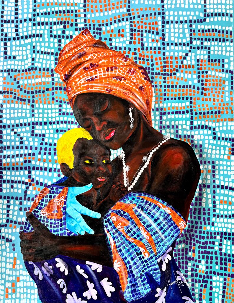 A vibrant portrait of a mother and child in a colorful mosaic-style painting.