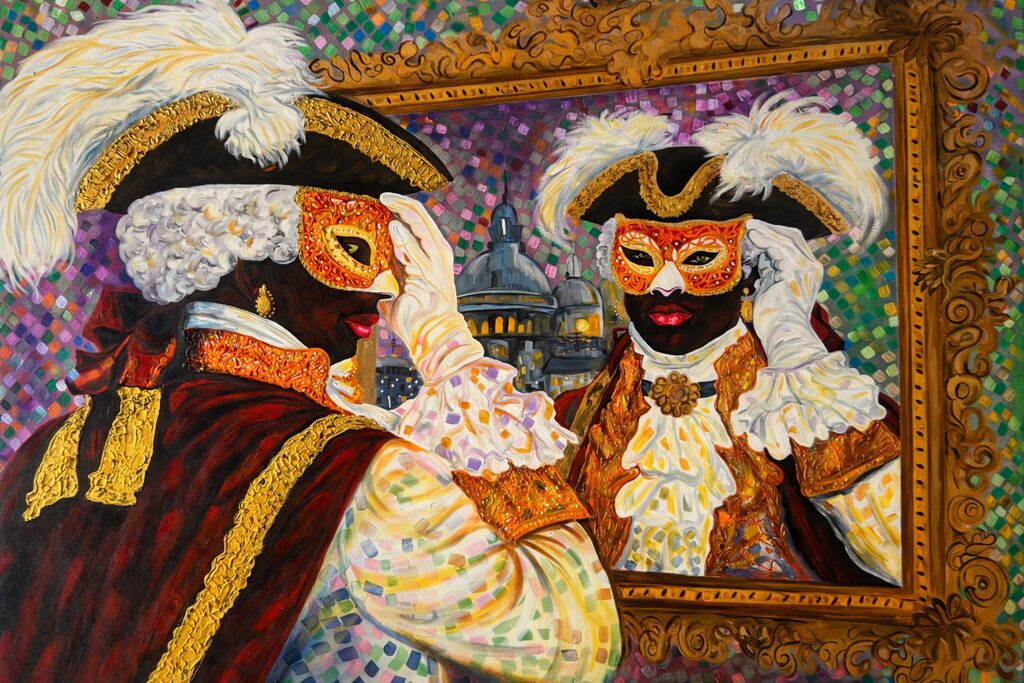A mirror reflection captures a masked figure in ornate attire, framed by a mosaic background.