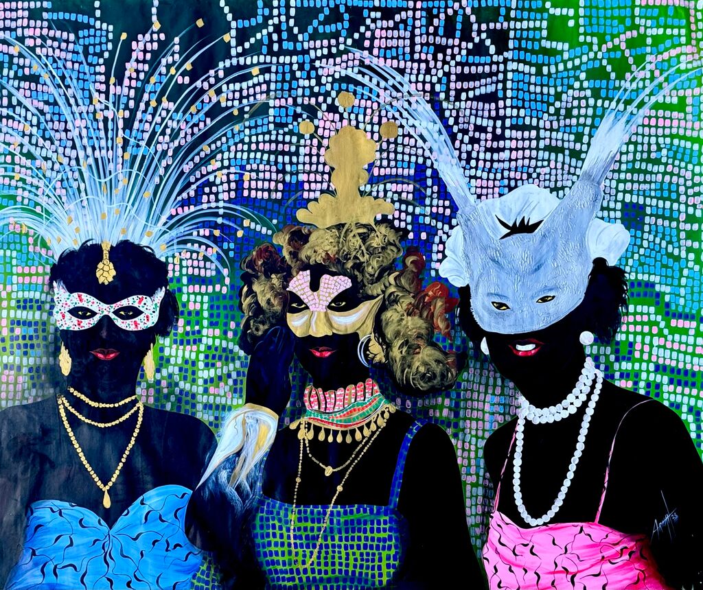 A vibrant, stylized portrait of three masked figures against a shimmering mosaic background.