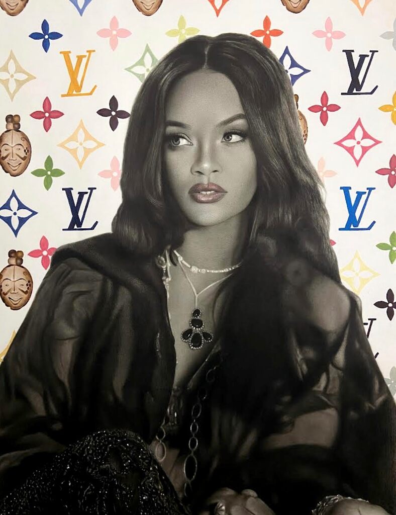 A portrait of a figure with dark hair against a colorful patterned background.