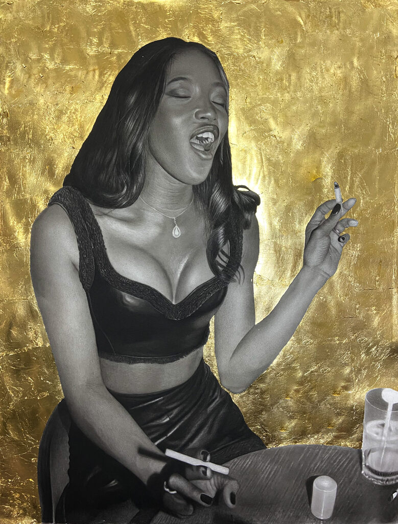 A monochrome portrait of a figure in a black top against a textured gold background, holding cigarettes.