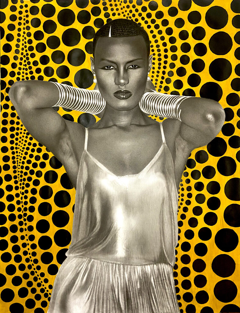 A portrait of a figure in a metallic dress against a vibrant polka-dot background.