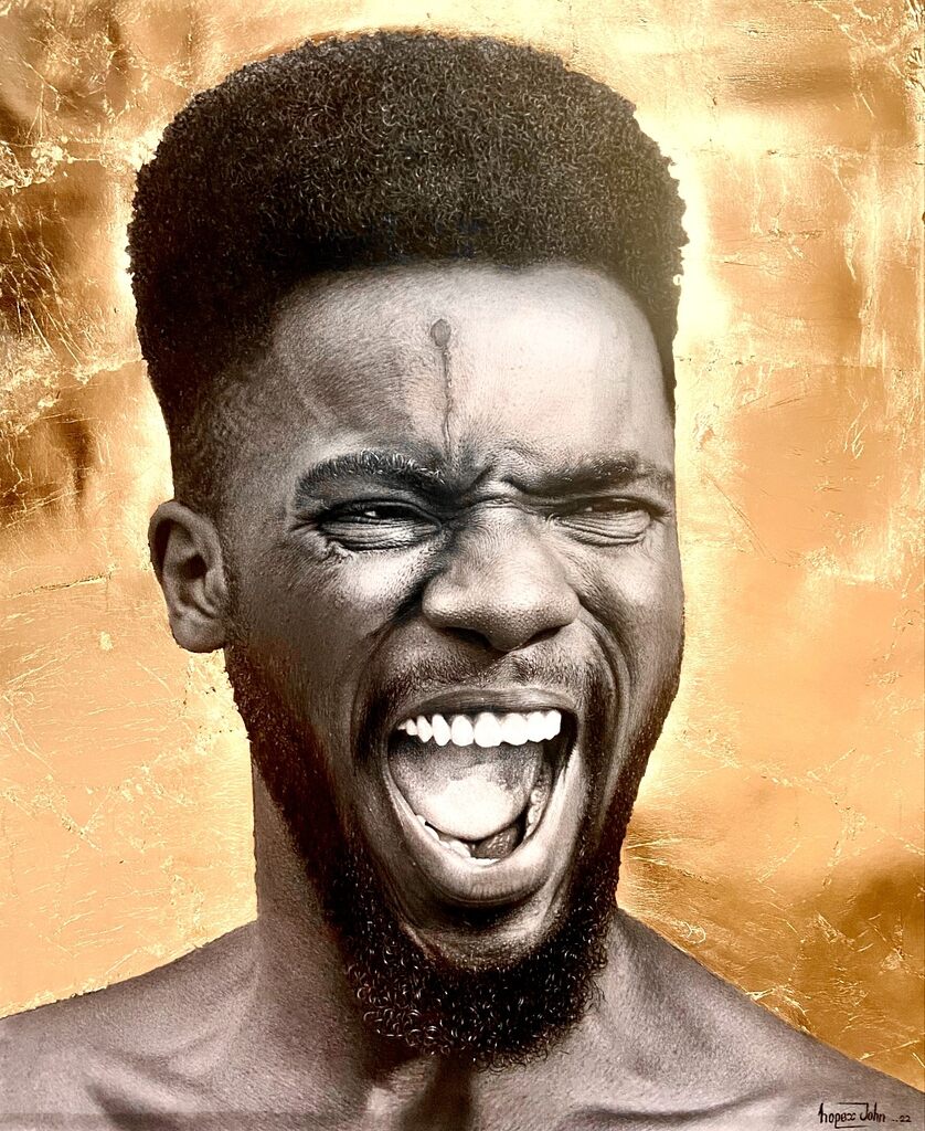 A hyper-realistic portrait of a figure screaming with an intense expression against a textured golden background.