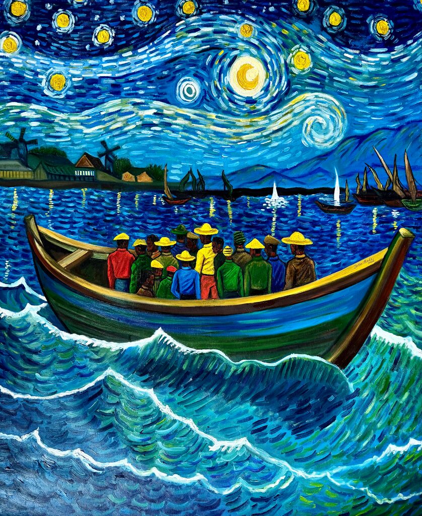A group of figures in a boat under a swirling starry night sky.