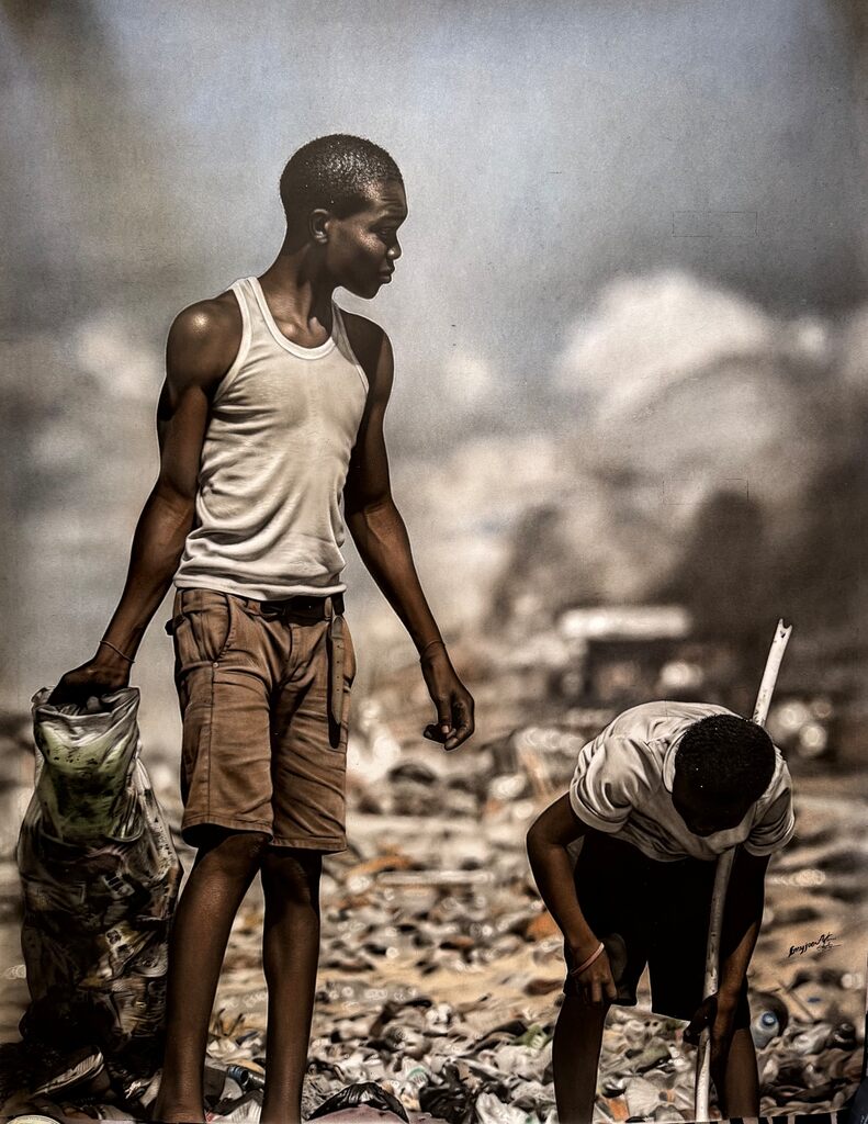 A poignant portrait of two figures amidst a sprawling landfill.