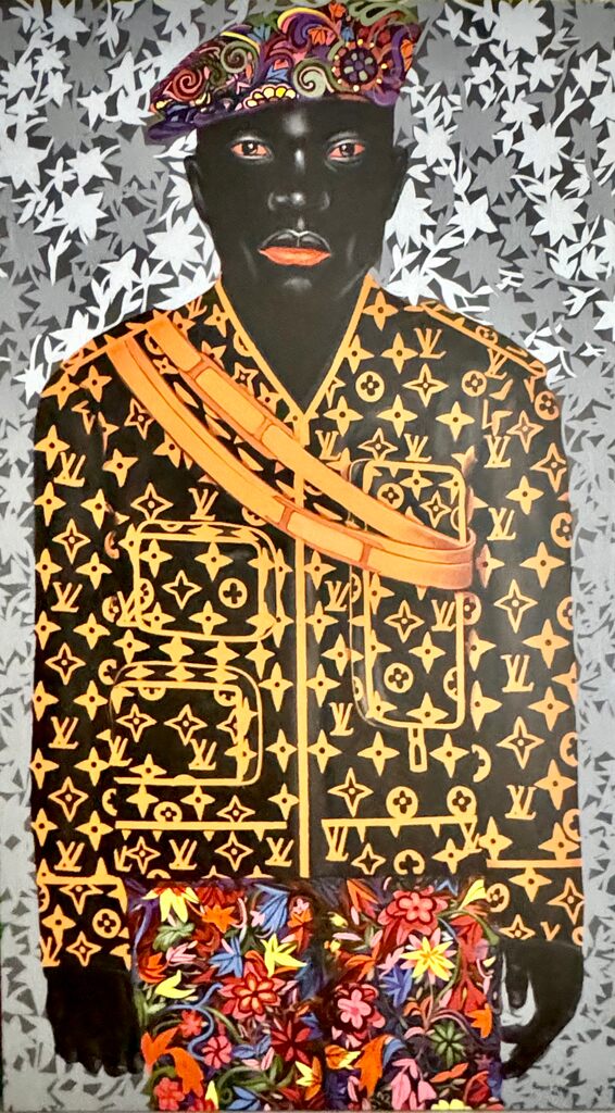 A portrait of a figure in a patterned jacket and floral pants against a starry background.
