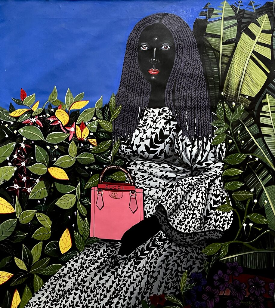 A stylized portrait of a figure with dark skin and long braided hair, surrounded by lush foliage and holding a pink handbag.