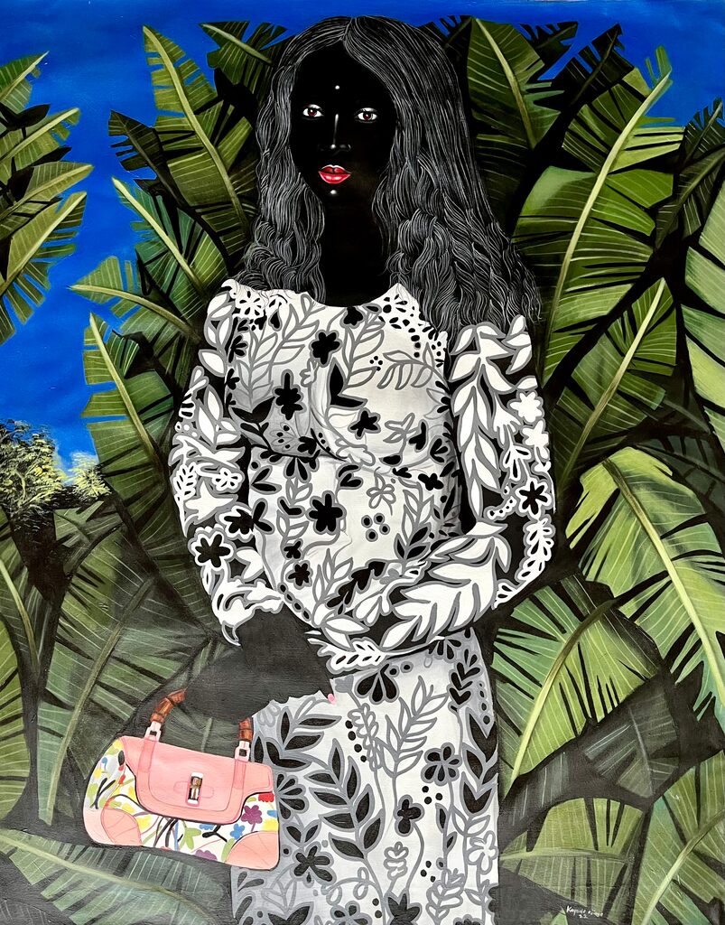 A stylized portrait of a figure with dark skin and long hair, wearing a floral dress and holding a pink handbag against a backdrop of large green leaves.