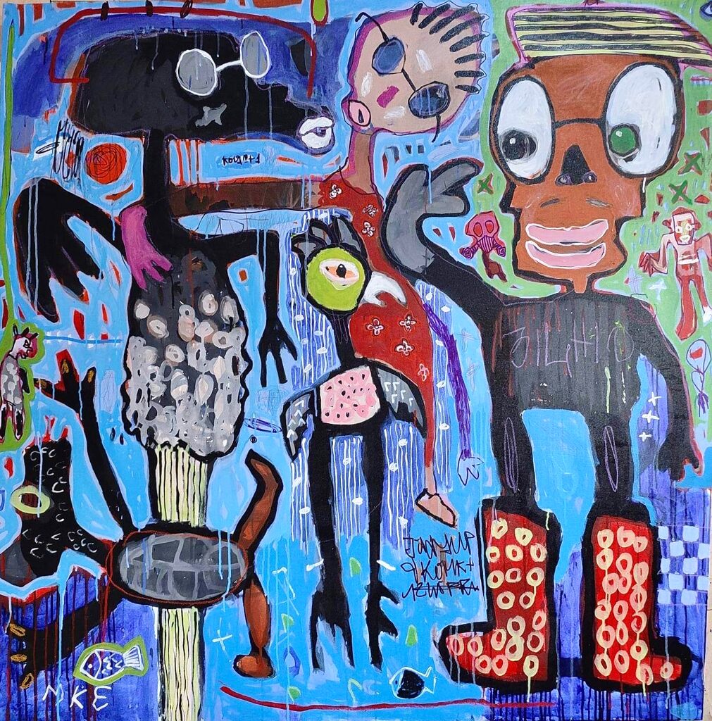 A chaotic, colorful collage of cartoonish figures and surreal objects in a dripping, energetic style.