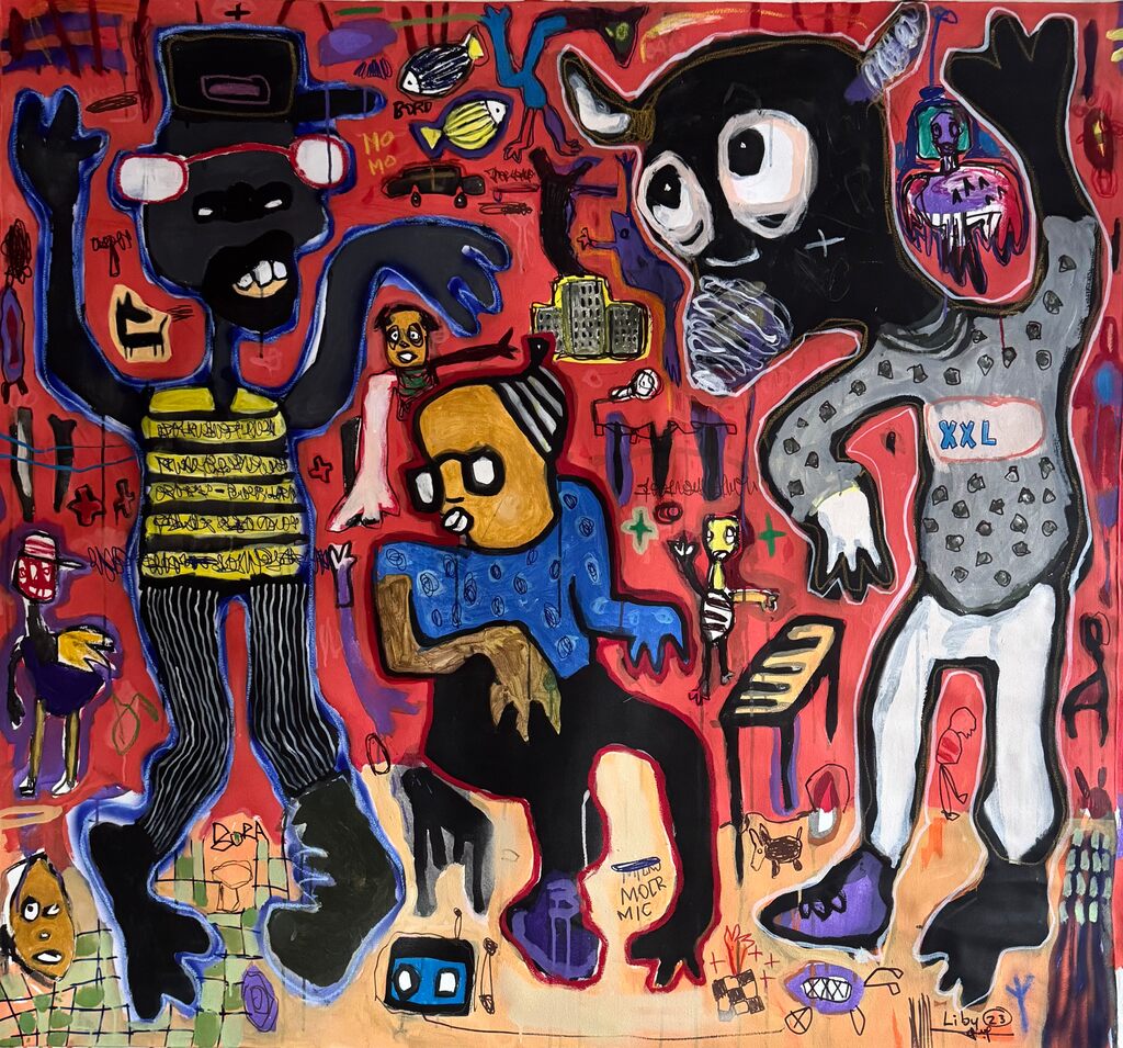 A chaotic, colorful collage of cartoonish figures and surreal objects against a vibrant red background.