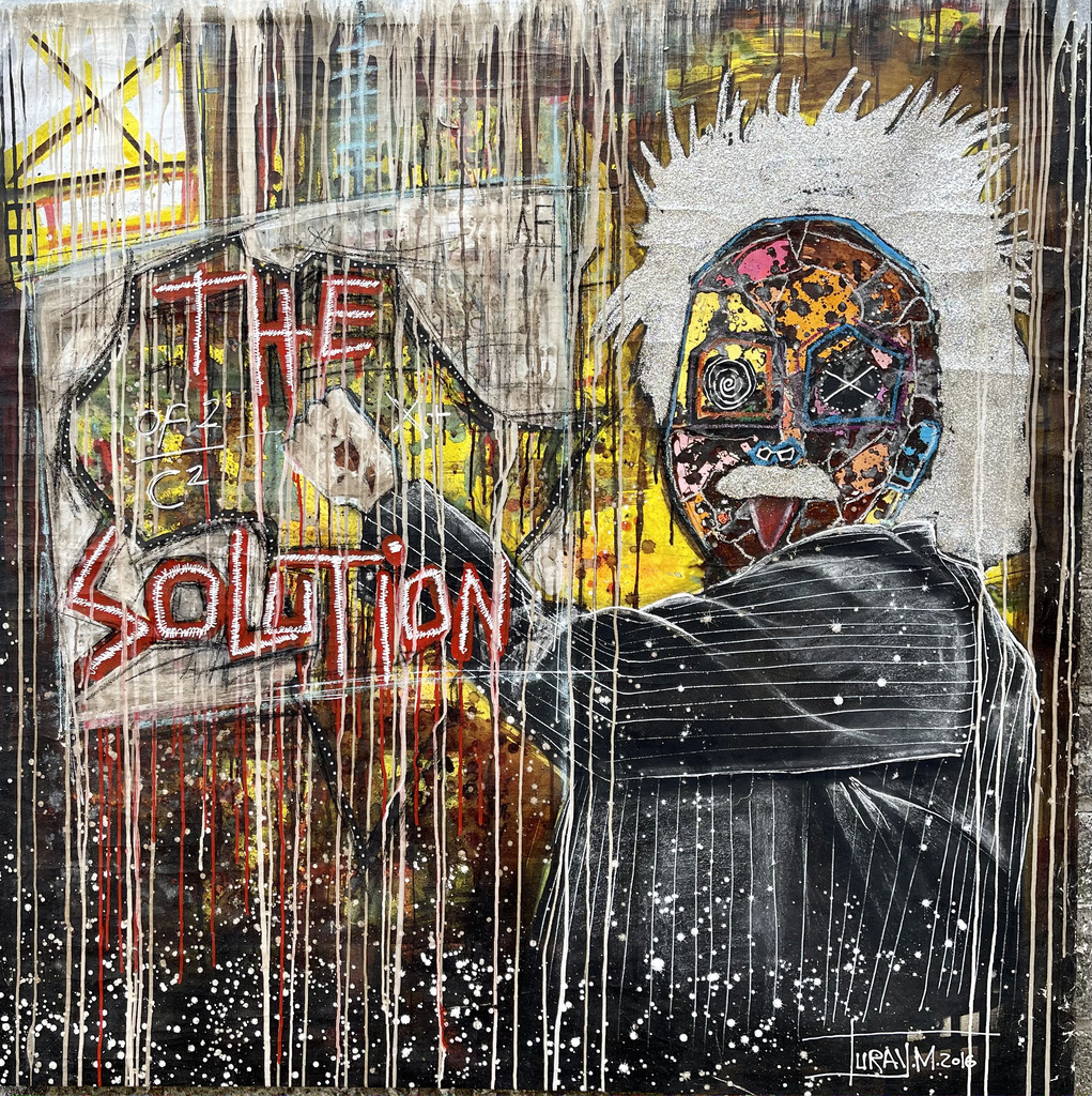 A chaotic, dripping portrait of a figure with a colorful, geometric face and wild white hair against a yellow background.