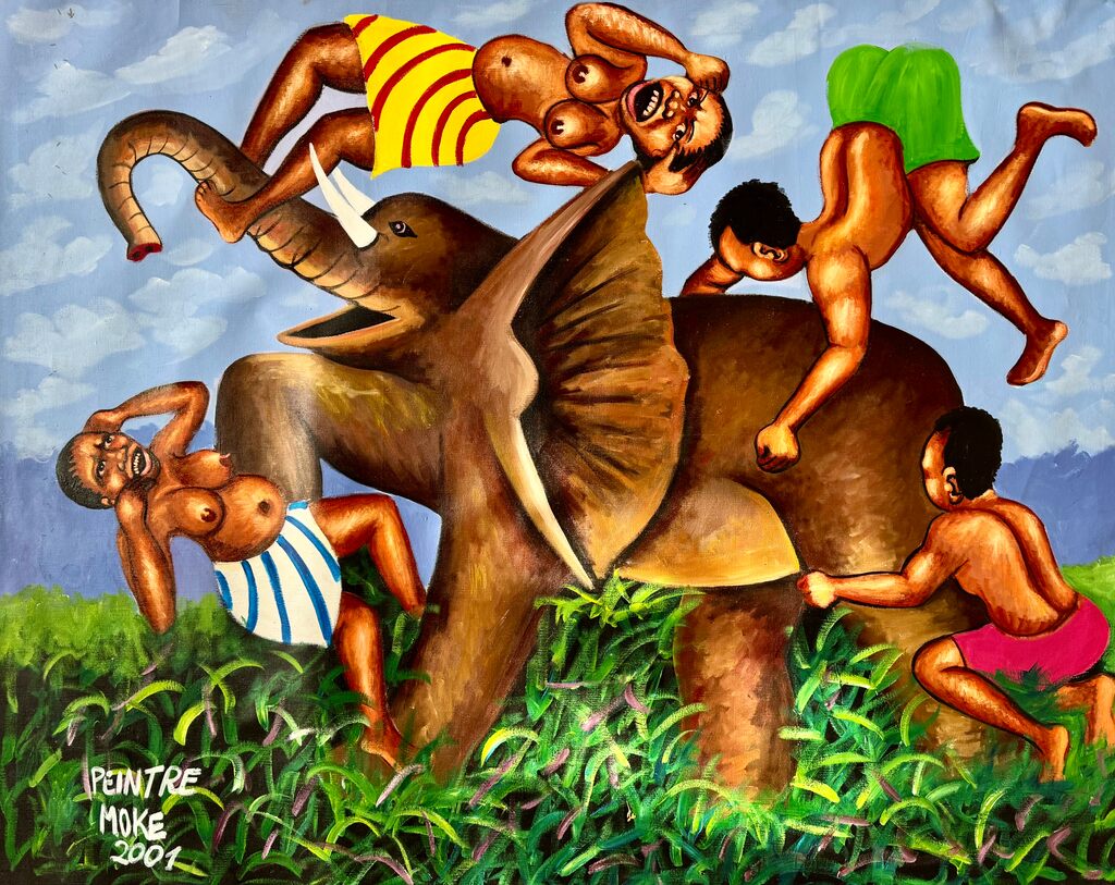A chaotic scene of figures interacting with an elephant in a vibrant, cartoonish landscape.