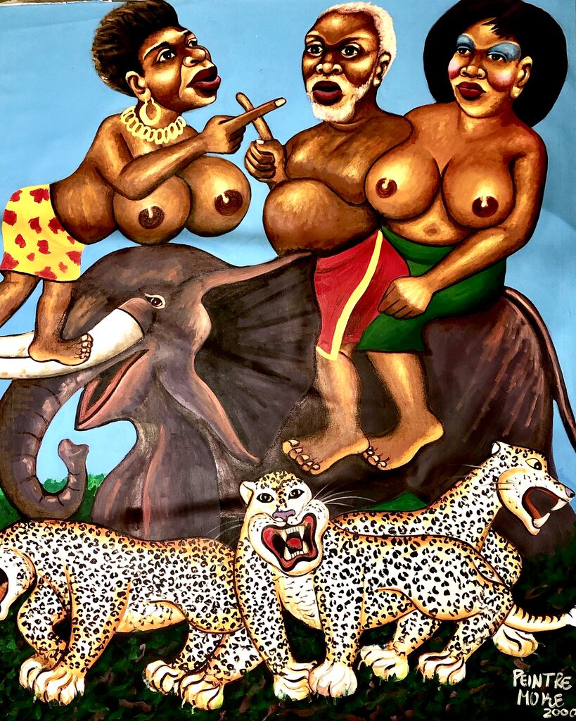 A vibrant, cartoon-style painting of three figures riding an elephant and leaping over roaring leopards.