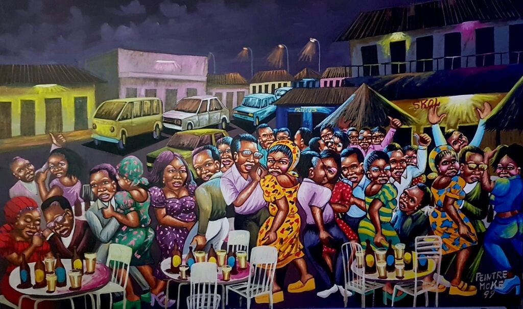 A vibrant night scene of a crowded street party with people dancing and socializing under colorful lights.