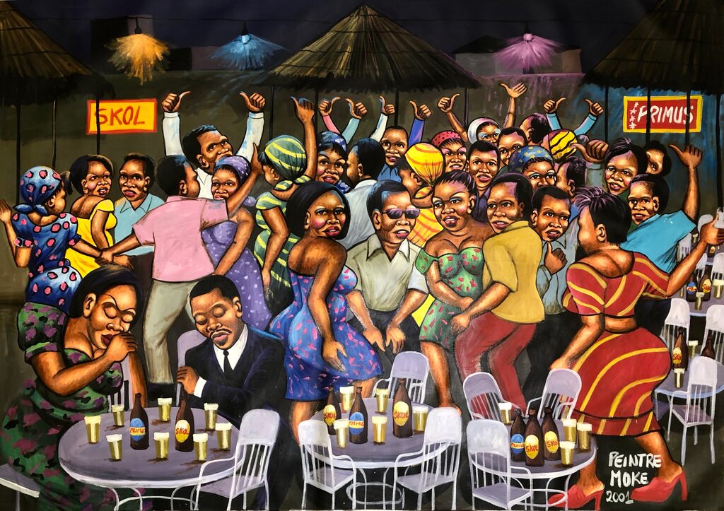 A vibrant, crowded night scene of a lively social gathering under thatched umbrellas.