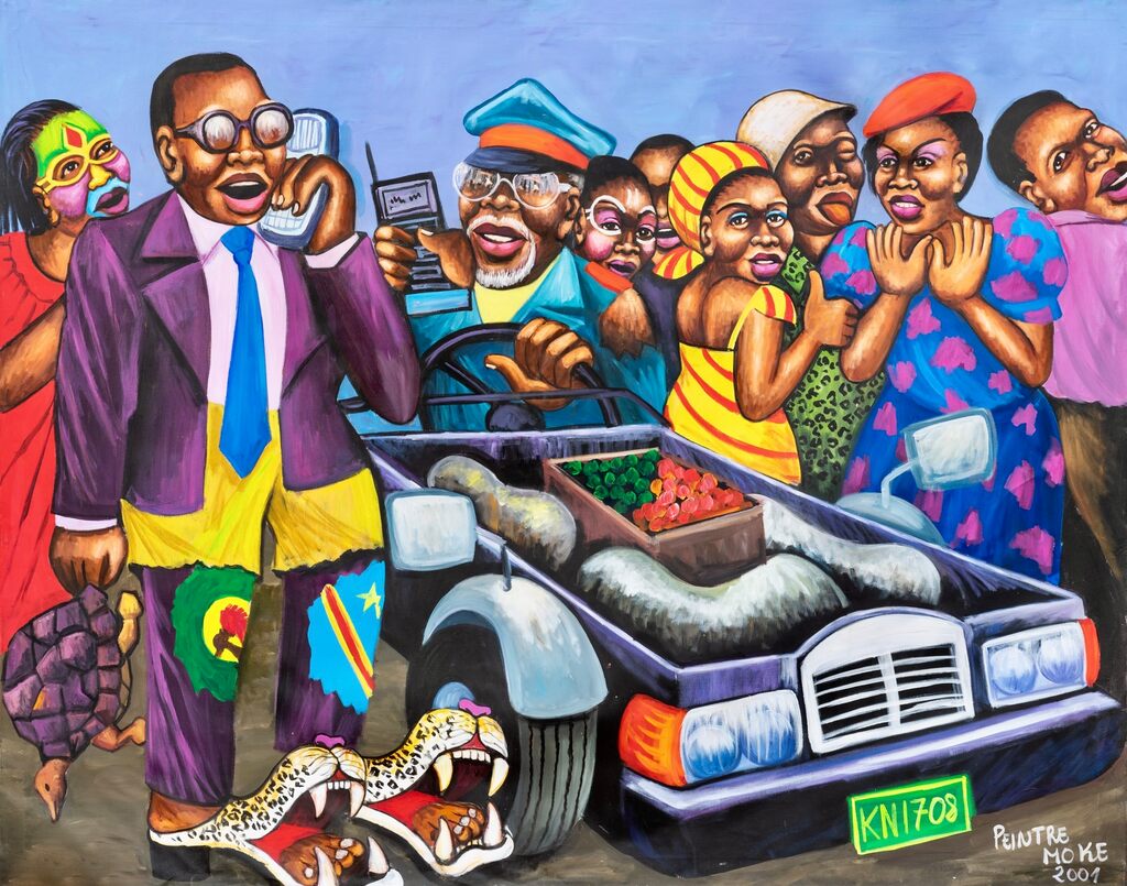 A vibrant, chaotic street scene featuring a man in a suit and colorful pants standing next to an open car filled with fruit, surrounded by a crowd of expressive figures.