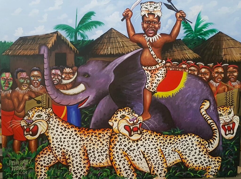 A vibrant, stylized painting of a figure riding an elephant amidst leopards and a village scene.