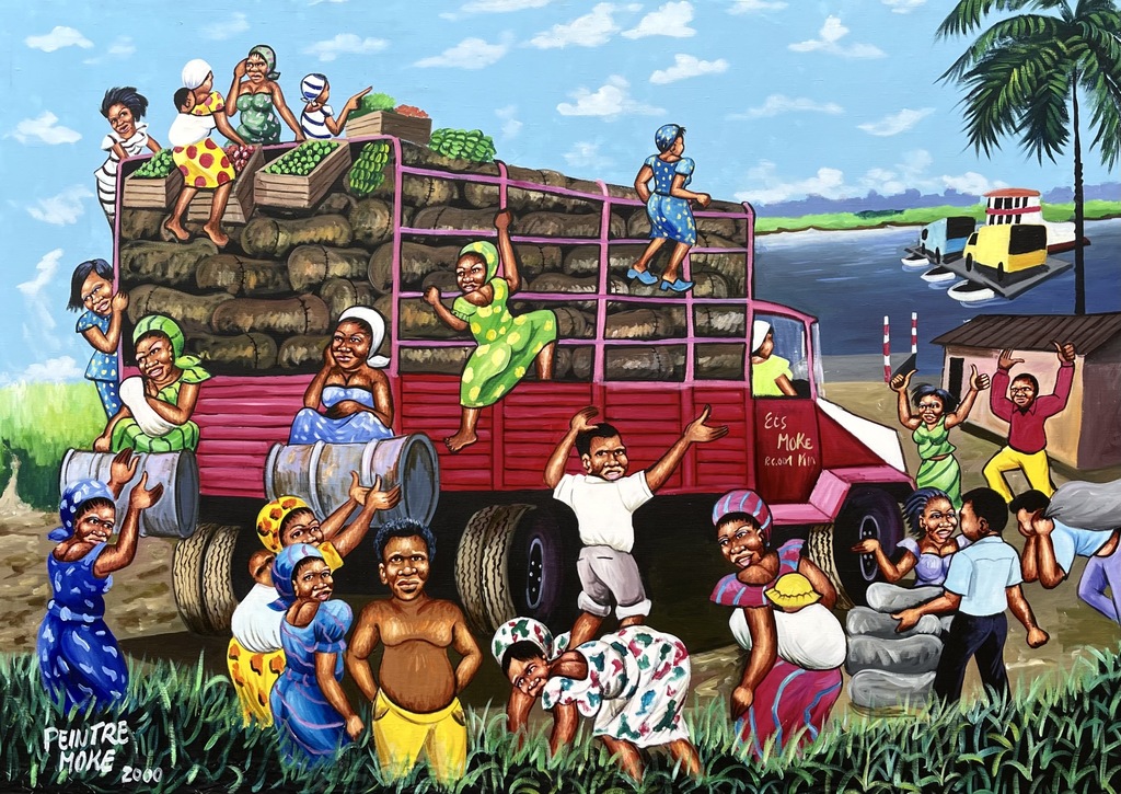 A vibrant, crowded scene of a red truck loaded with sacks and people celebrating in a rural setting.