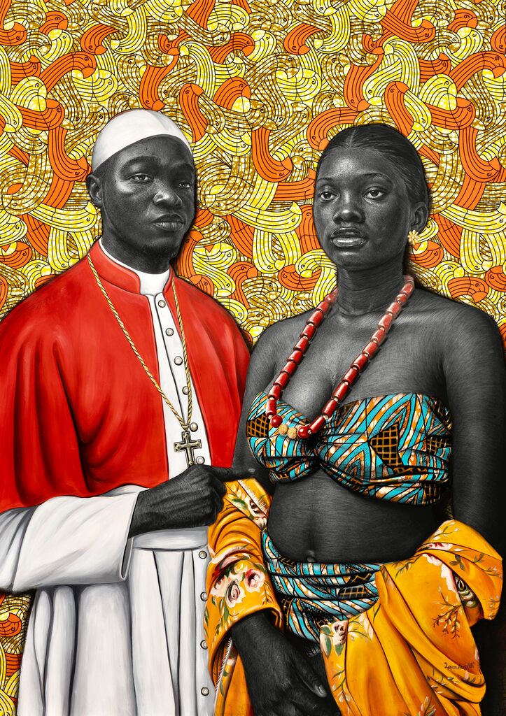 A striking portrait of a figure in red clerical robes and another in traditional attire against a vibrant, patterned background.
