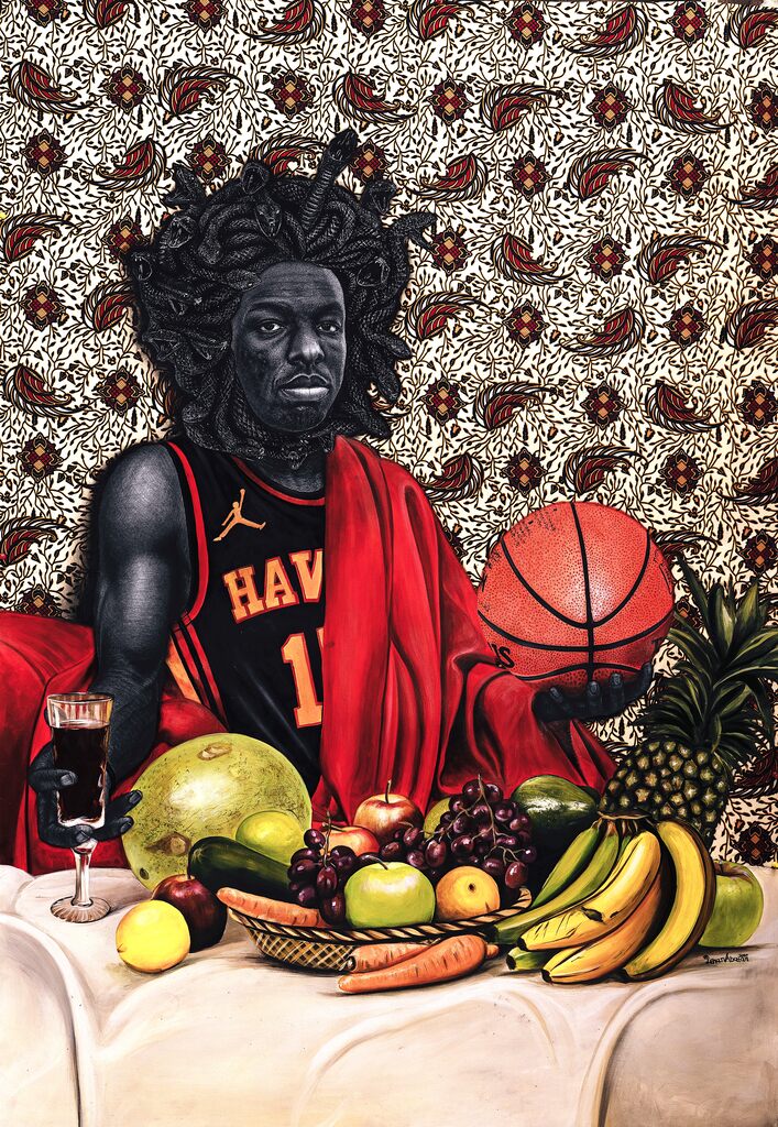 A surreal portrait of a figure in a basketball jersey surrounded by an abundance of fruit and a basketball.