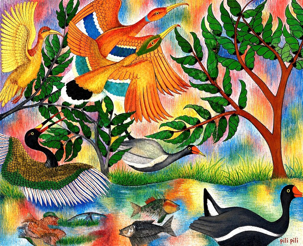 A vibrant, stylized nature scene featuring a diverse array of colorful birds and fish in a lush, water-rich landscape.