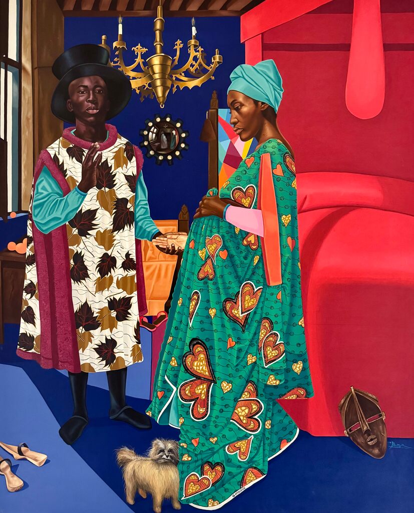 A vibrant interior scene featuring two figures in colorful patterned garments, a small dog, and a red sofa against a deep blue background.