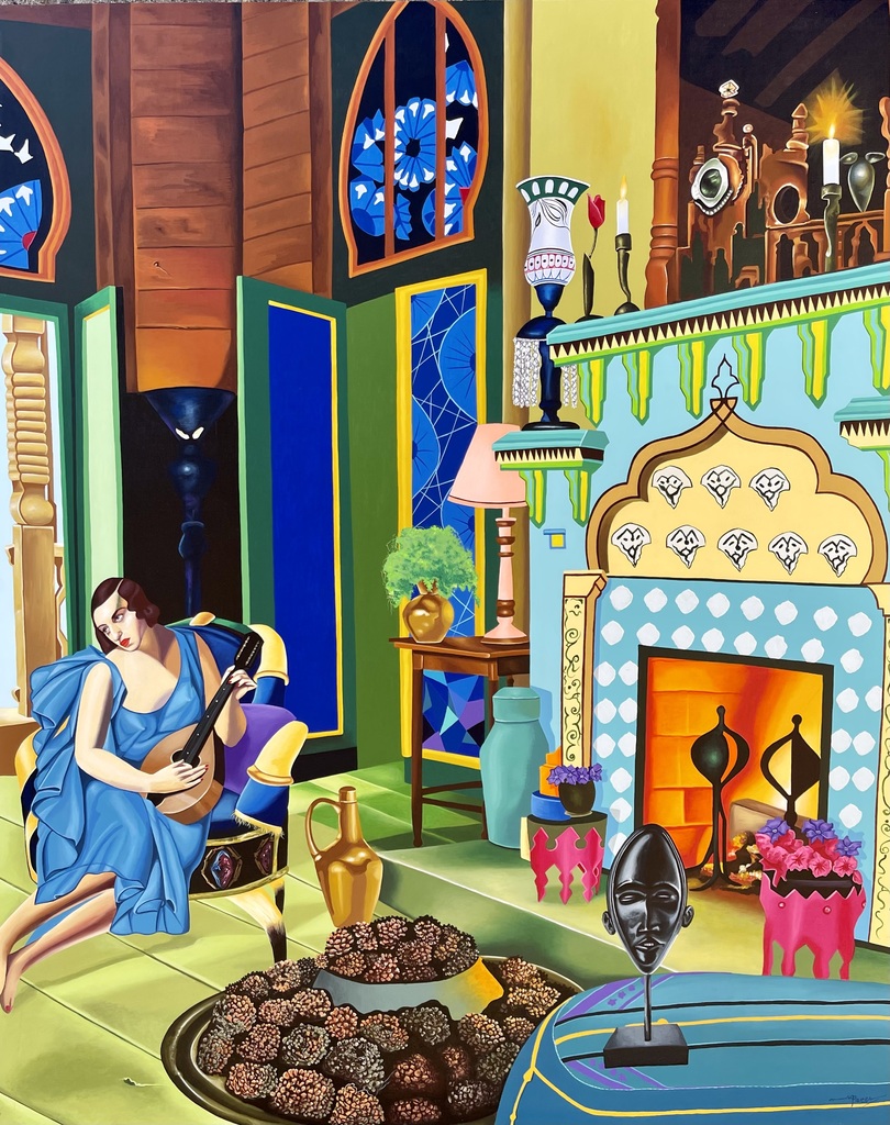 A vibrant, stylized interior scene featuring a figure in blue playing an instrument amidst eclectic decor and warm lighting.