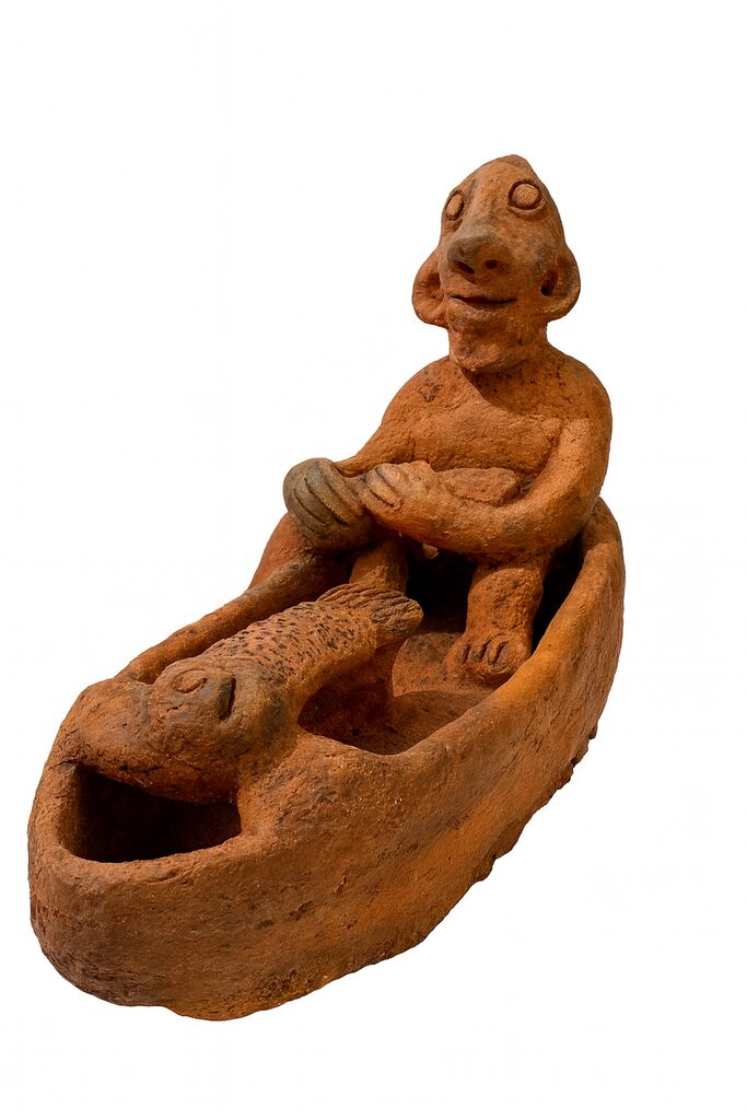 A terracotta sculpture of a seated figure holding a fish inside a boat-like vessel.