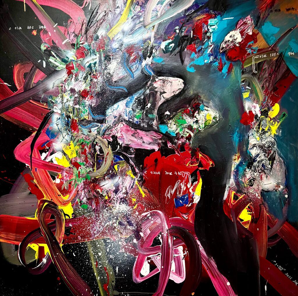 A chaotic abstract composition of swirling colors and thick paint strokes.