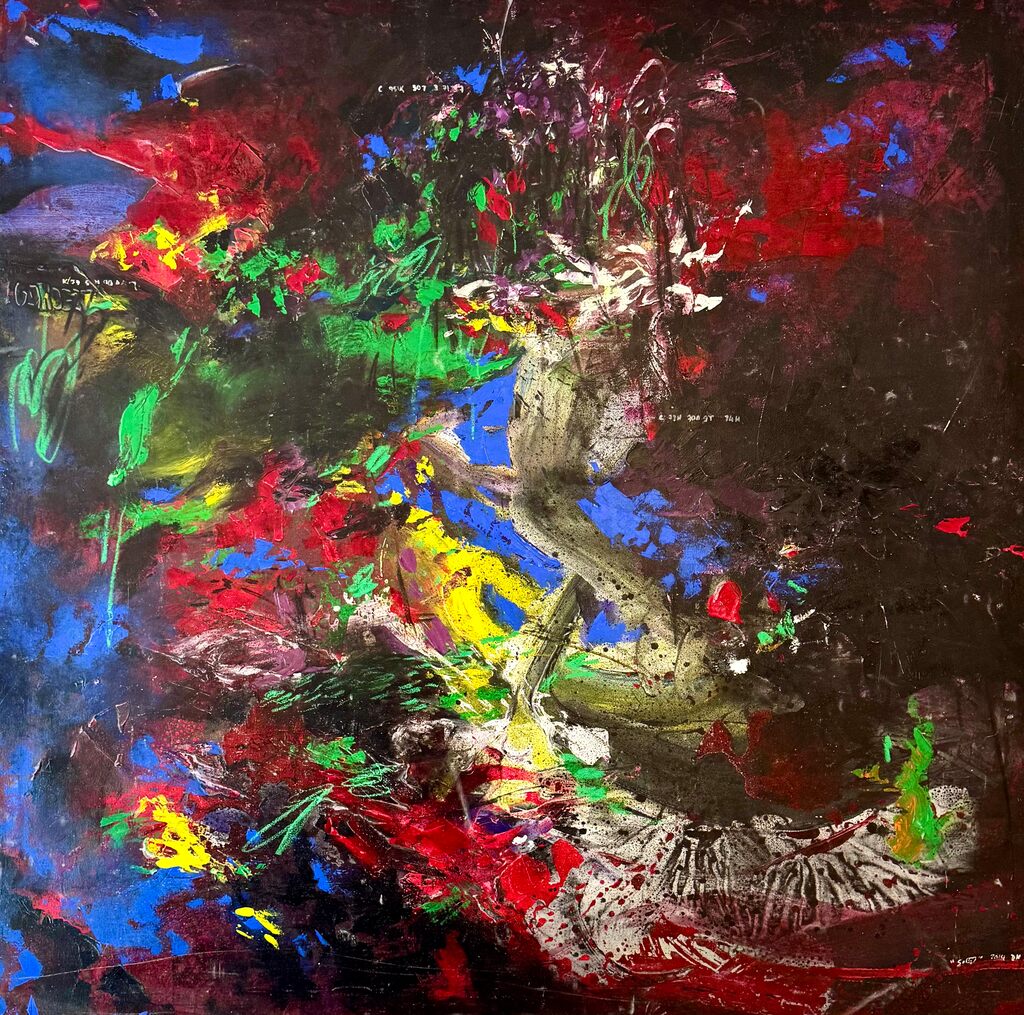 A chaotic abstract painting featuring a central tree-like form amidst a vibrant explosion of colors.