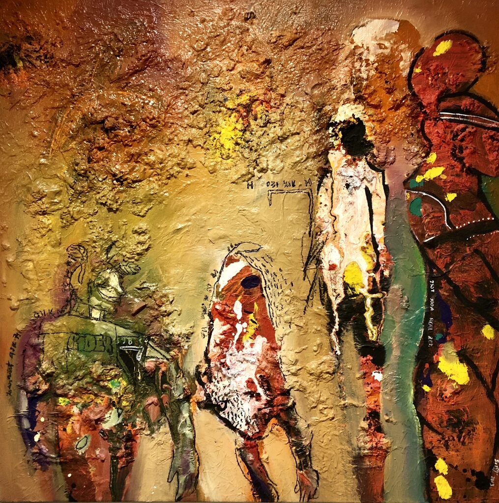 A thickly textured painting of four stylized figures in a warm, earthy palette.