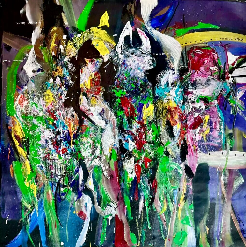 A vibrant abstract painting featuring four stylized figures in a chaotic, colorful composition.
