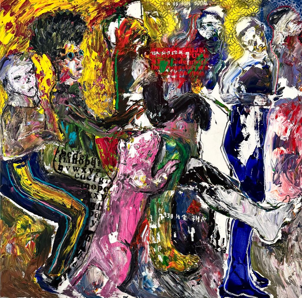 A chaotic, expressionist composition of figures in a riot of color and texture.