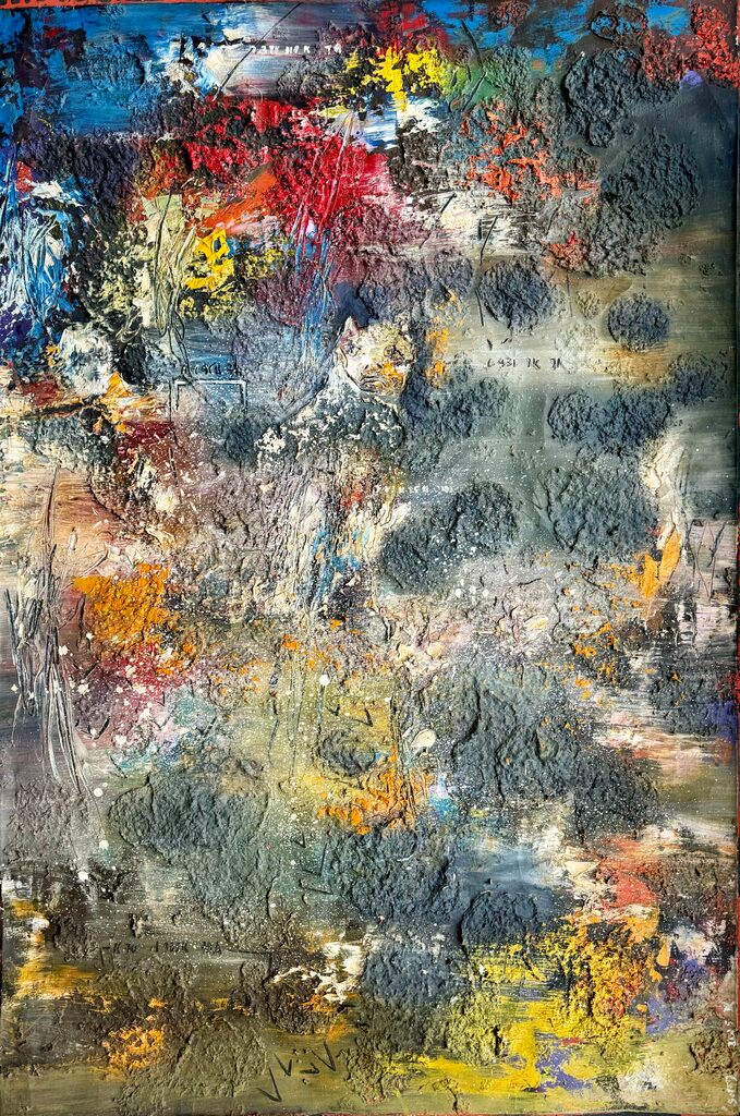 A vibrant abstract composition featuring a textured, multi-colored surface with bold strokes and organic shapes.