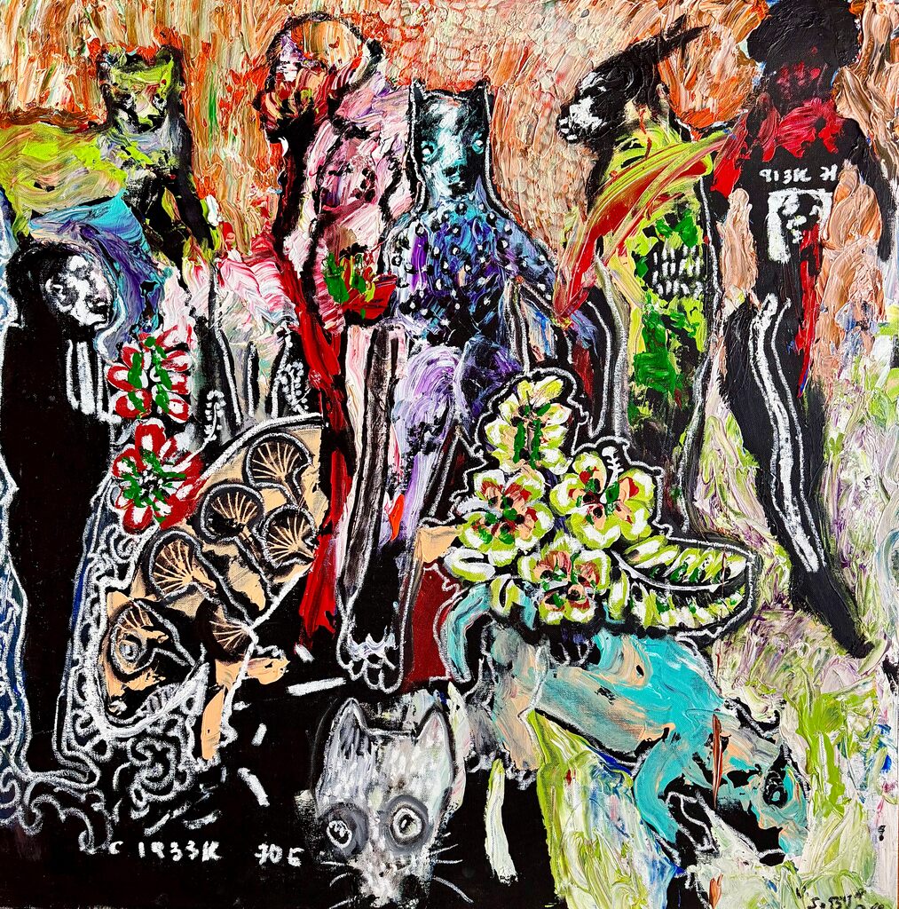 A chaotic, colorful collage of figures and animals in a dense, layered composition.