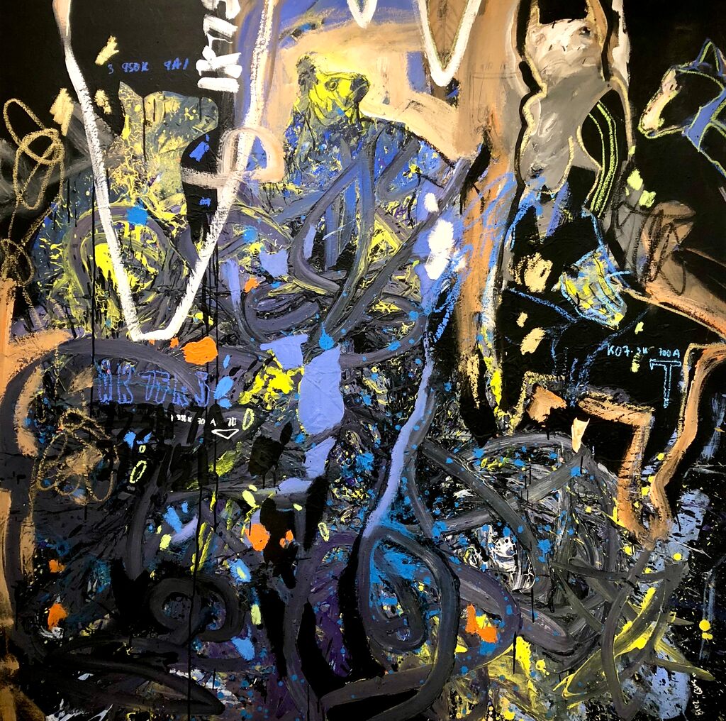 A chaotic abstract expressionist painting featuring a dense web of black, blue, and yellow paint with fragmented figures.