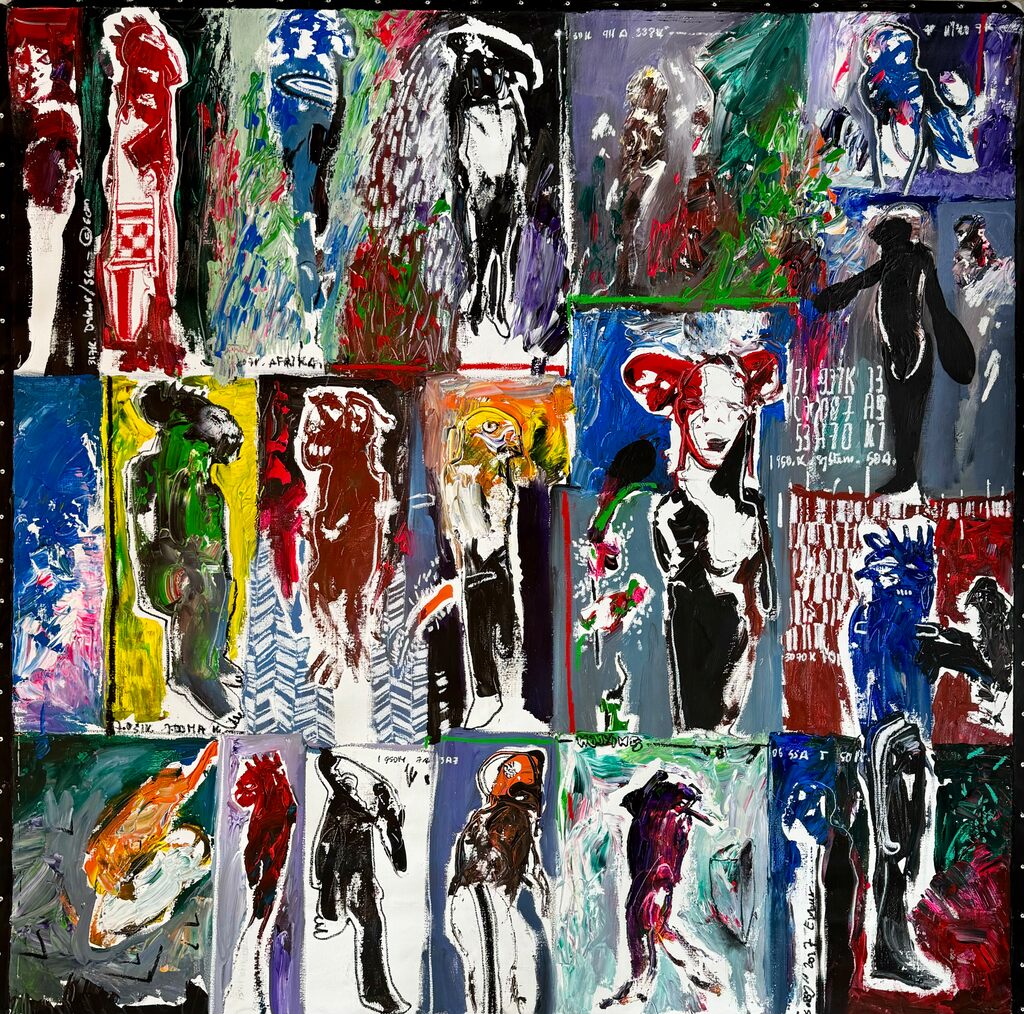 A vibrant collage of expressive figures in a grid format.