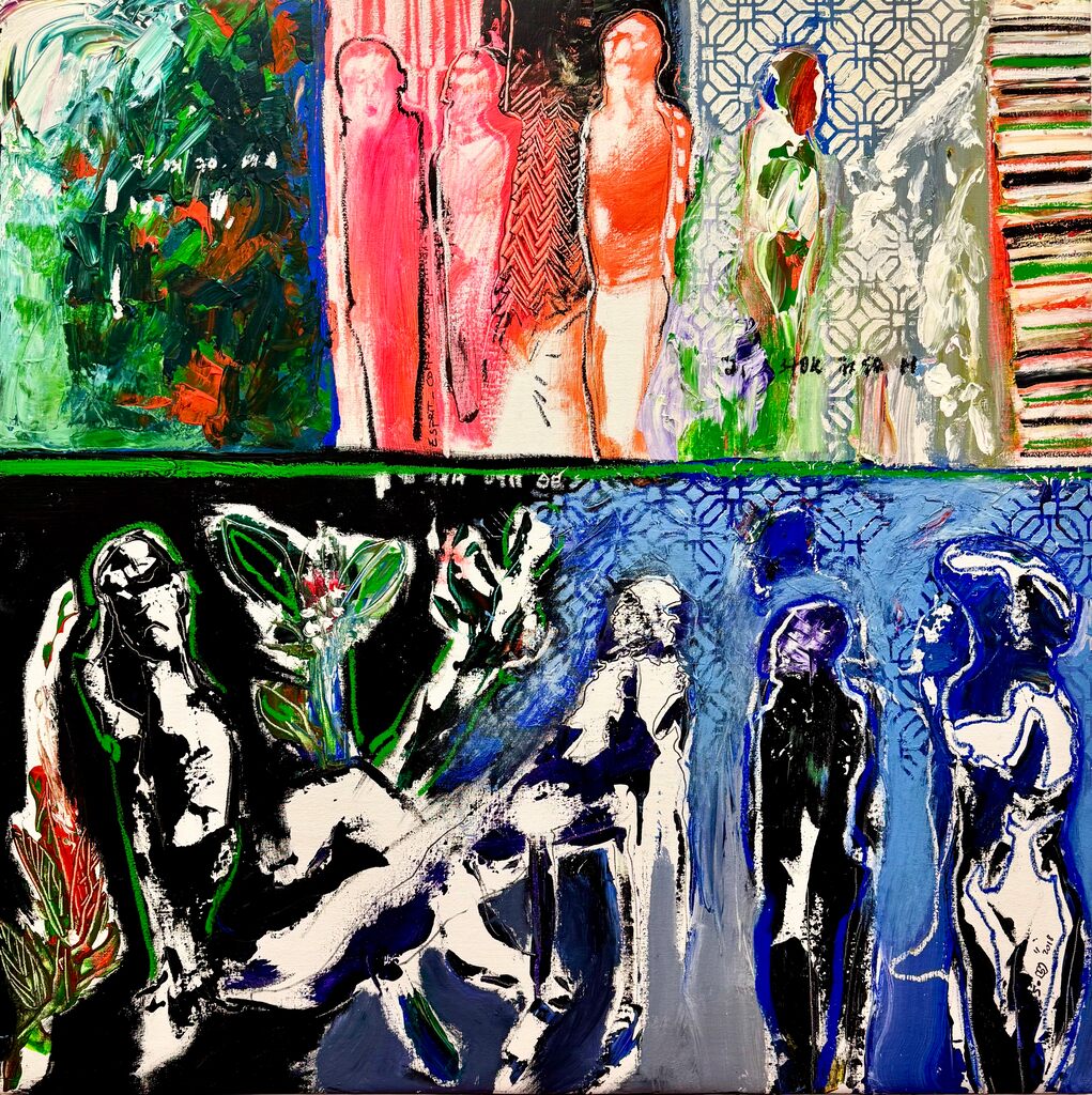 A diptych painting contrasting a vibrant, multi-figured upper panel with a stark, high-contrast lower panel.